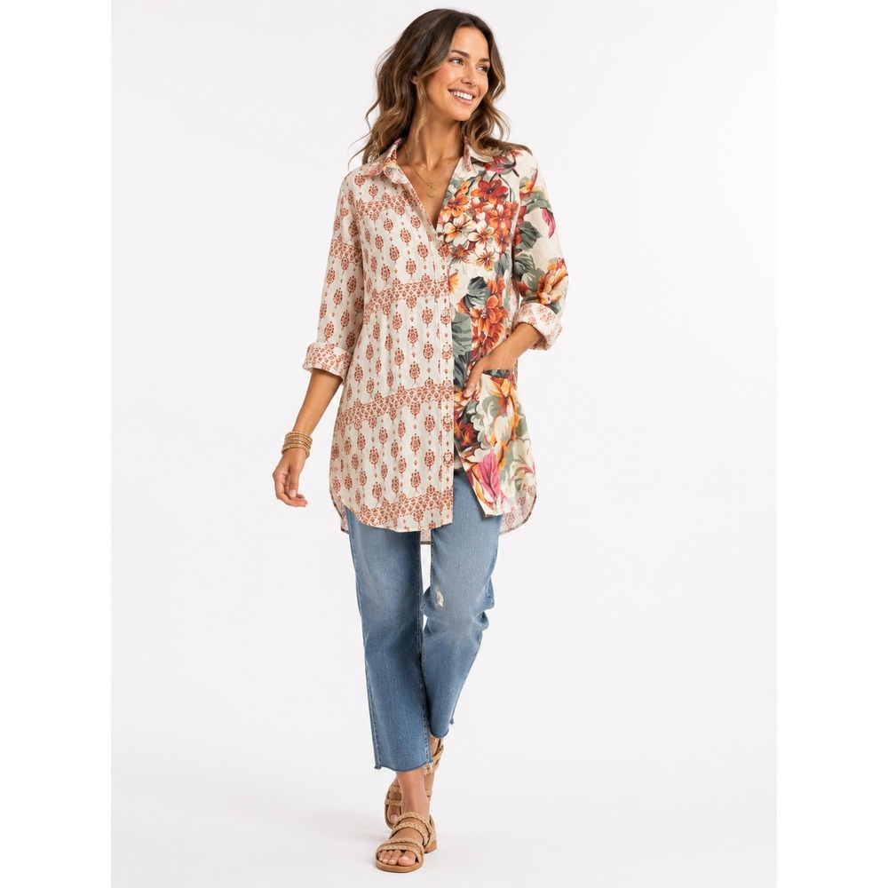 Maaji Womens Small Floral Medallion Mixed Print Long Sleeve Button Down Shirt